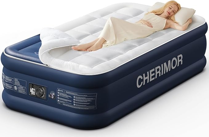 Twin Air Mattress with Built-in Pump & Luxury Quilted Topper (Washable & Detachable), 20" Raised Comfort, 450lb Support, 2.5 Min Fast Inflate, Blow up Mattress for Guest Camping & Sleepover
