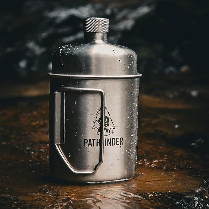 The Pathfinder School Stainless Steel Nesting Cup & M34 Scout Canteen - Survival Gear and Supplies - Bushcraft Gear Camping Essentials - Hiking Water Bottle - Camping Canteen- Backpacking Kit