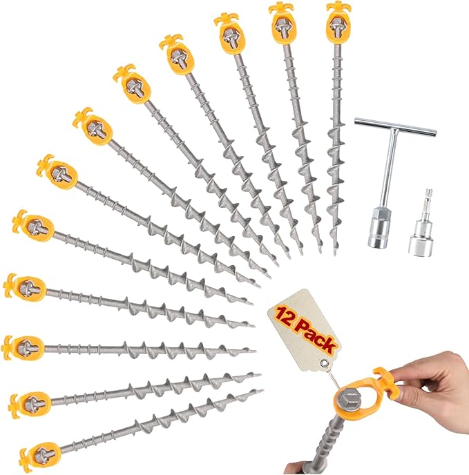 12 PCS Screw in Tent Stakes for Women Men - Ground Anchors for Sand, Canopy, Trampolines, Camping Aluminium Heavy Duty Rust Prevention Pegs Drillable Lightweight Safe - Silvery 14 inch