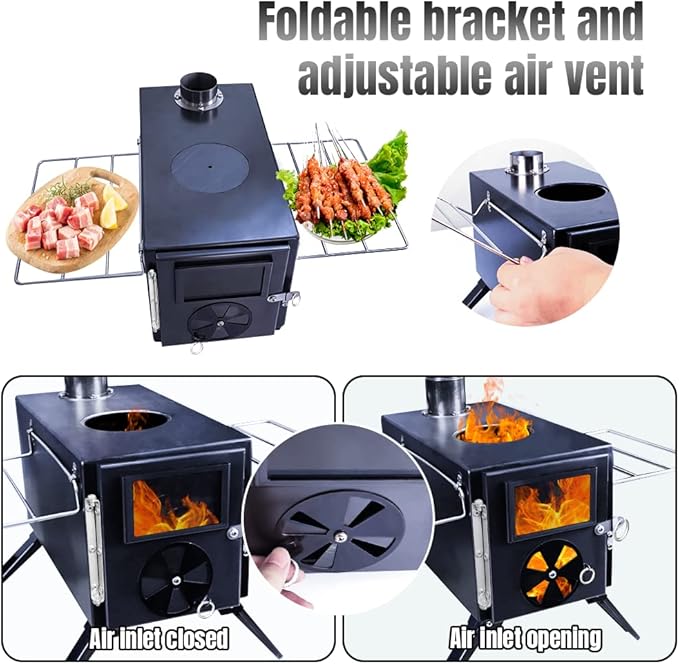 Fitinhot Camp Wood Stove, Tent Wood Burning Stoves Portable with Chimney Pipes, Upgraded Titanium Surface Camping Stove, Heat Resistant Glass & Gloves for Outdoor (Black)