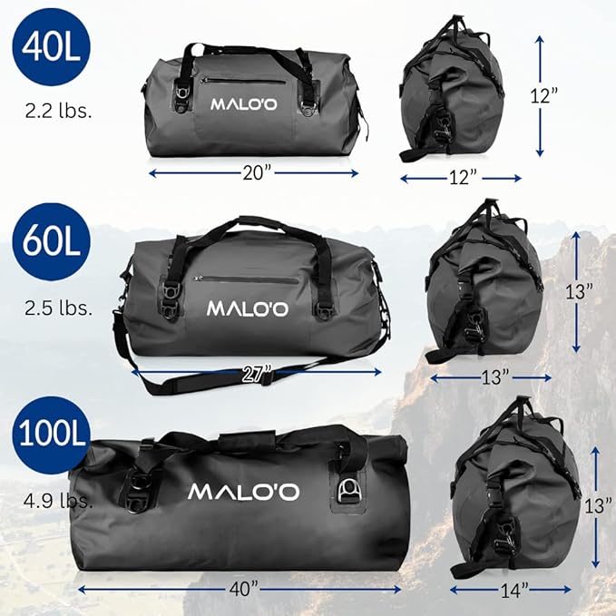 Malo’o Waterproof Dry Duffel, Heavy-Duty Roll Top Waterproof Gear Bag with Shoulder Strap & Molle Loops, Marine Duffel for Kayaking, Boating, Camping, Beach & Travel, Black, 40L