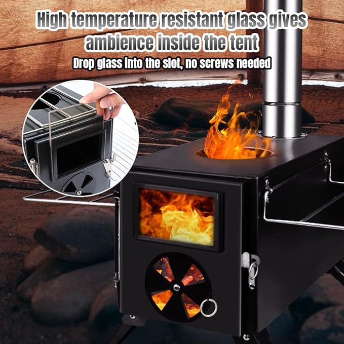Fitinhot Camp Wood Stove, Tent Wood Burning Stoves Portable with Chimney Pipes, Upgraded Titanium Surface Camping Stove, Heat Resistant Glass & Gloves for Outdoor (Black)