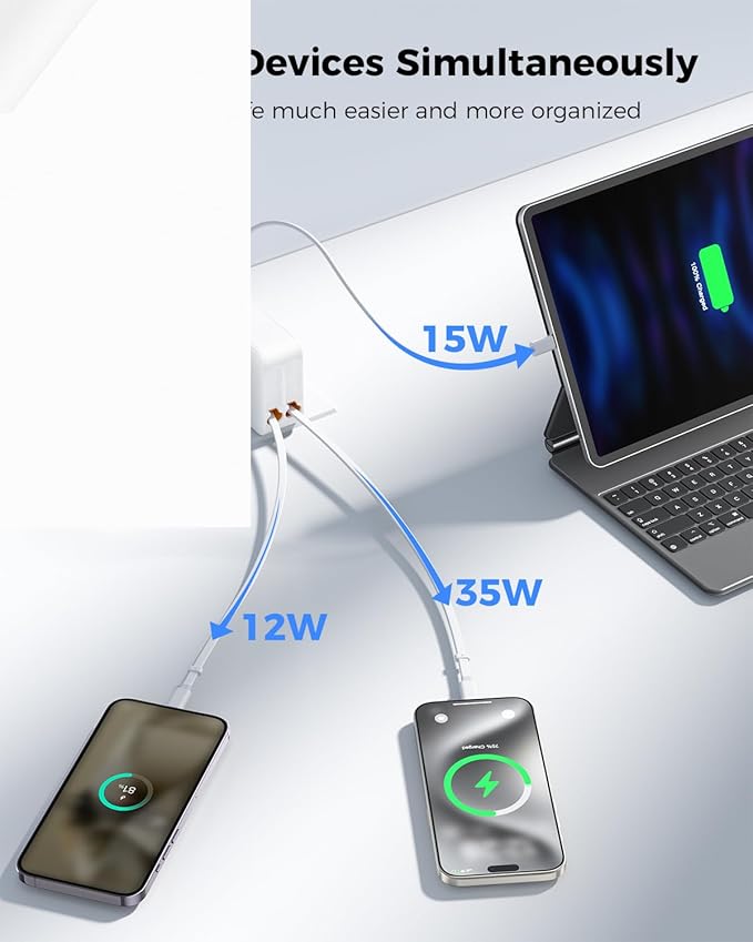 SUPERONE Retractable Wall Charger with Dual Cables, 3-Port USB Charger Block, 35W Phone Charger Fast Charging for Phone 17/16/15/14/13/12/11 Series, Pad, Tablet, LG, Samsung and More - White