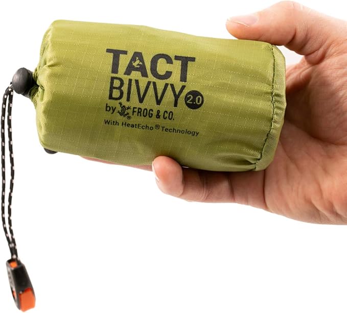 Survival Frog Tact Bivvy 2.0 Emergency Sleeping Bag w/Stuff Sack, Carabiner, Survival Whistle, ParaTinder - Compact, Lightweight, Waterproof, Reusable, Thermal Bivy Sack Cover, Shelter Kit