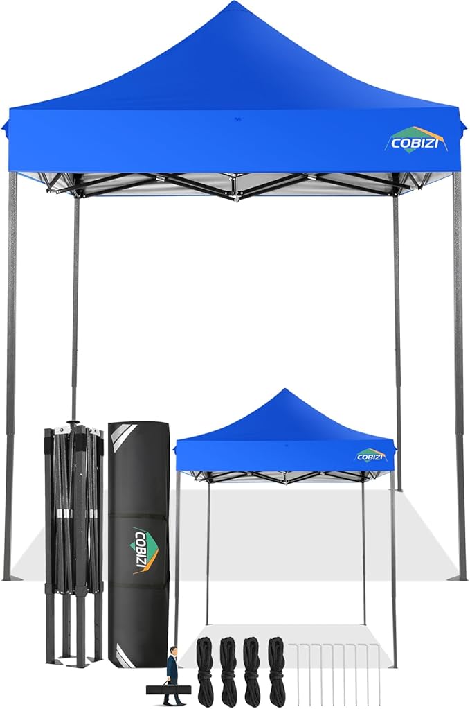 COBIZI 6.6x6.6 Pop Up Canopy Without Sidewall,Heavy Duty Canopy UPF 50+ All Season Wind Waterproof Commercial Outdoor Party Tents for Parties Canopy Gazebo with Storage Bag(6.6 x 6.6 ft Blue)