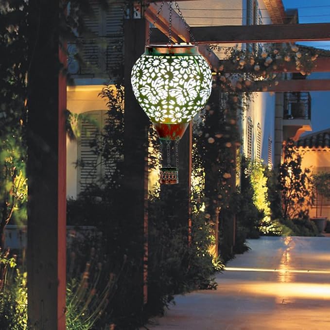 Stargarden Hot Air Balloon Solar Lantern, Butterfly Hollow Out Metal Hot Air Balloon Decorations, Green Hanging Solar Lantern, Waterproof Outdoor Lights for Porch Decor