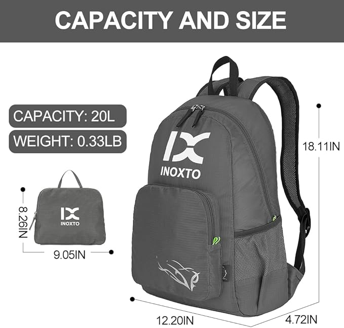 INOXTO 20L Lightweight Hiking Backpack Small Foldable Hiking Daypack for Outdoor Hiking Travel Camping (Grey)