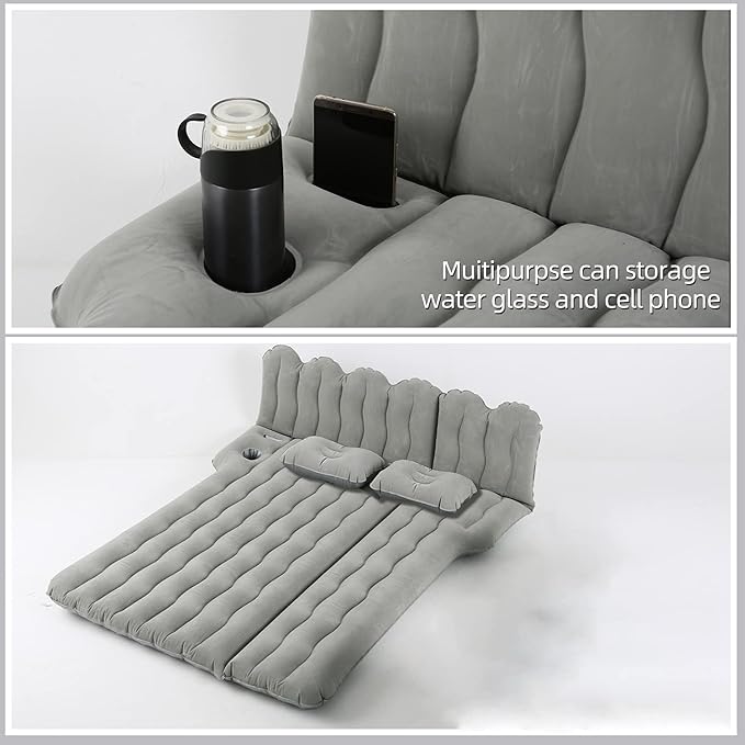 SUV Air Mattress with Cup & Phone Holder, Flocked-Top Inflatable Car Mattress with Two Air Pillows & Electric Air Pump, Ideal SUV Mattress for Camping, Travel, and Road Trips (Grey)