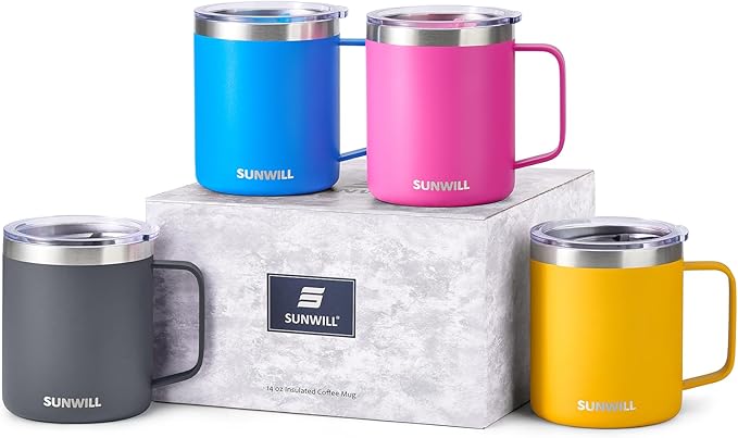 SUNWILL Travel Coffee Mugs Set of 4, Insulated Tumbler with Lid, 14oz Stainless Steel Cup with Handle Bulk for Gift, Camping, Office, Powder Coated Charcoal, Royal Blue, Magenta, Yellow
