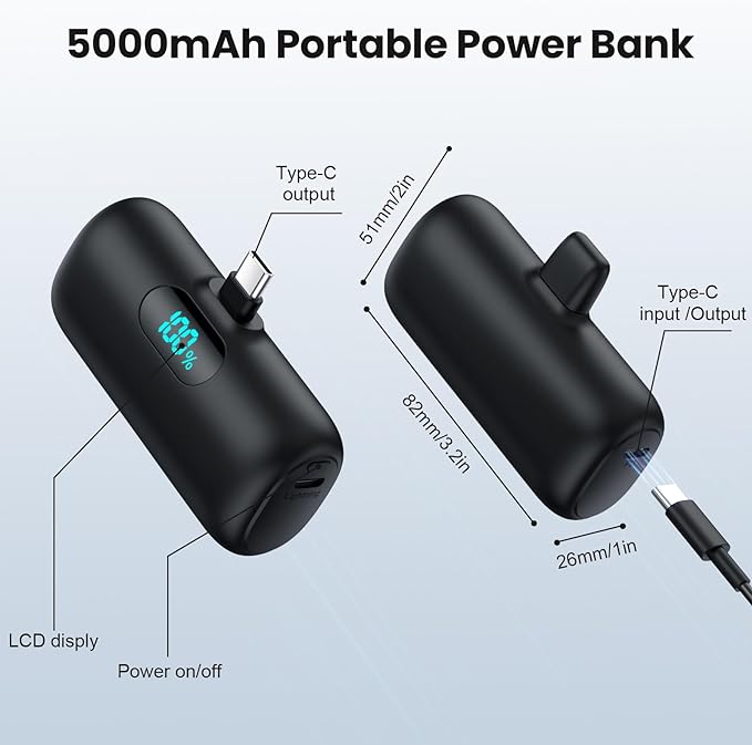 [2 Pack] Samll Portable Charger for iPhone 16/15 Series, 5000mAh 3A PD USB C Power Bank, Mini LCD Display Battery Pack Compatible with iPhone 16/16 Plus/16 Pro/15 Pro Max,Samsung,Android/Moto/LG etc