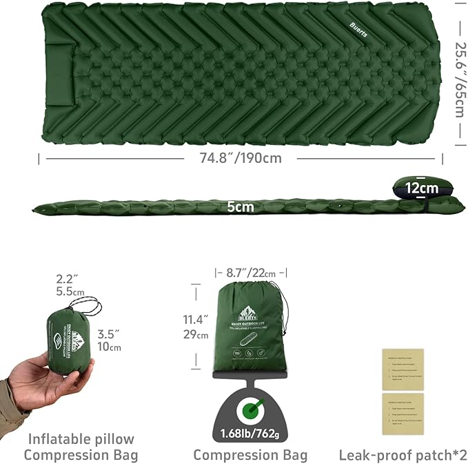 Camping Sleeping mat and Inflatable Pillow - Set, Portable, Ultra-Light, Thickened, Quick to inflate in 30s, can be Spliced. Suitable for Backpacking, Hiking, Camping and Other Scenes