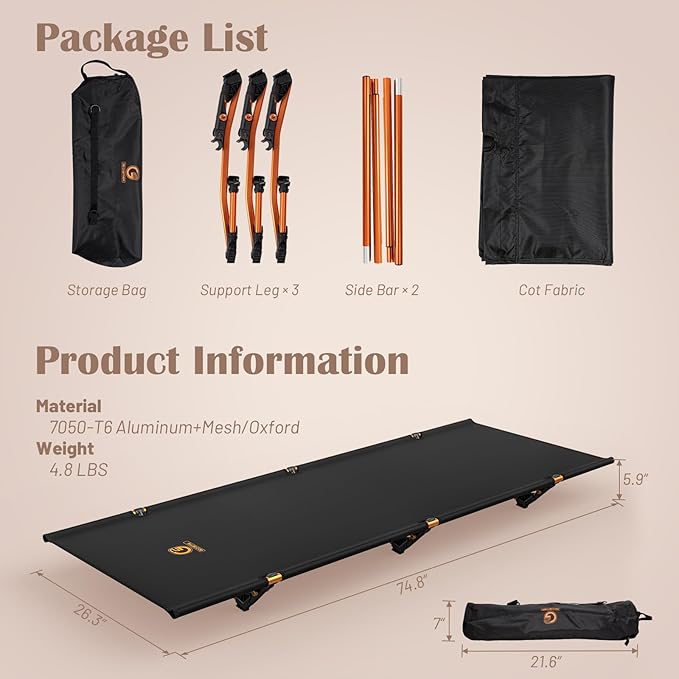 G2 Foldable Camping Cot, Durable Travel Tent Cot, Ultralight for Backpacking, Summer Hiking, Mountaineering, Max Loading Capacity 264lb, Easy to use for Woman & Man, Comes with Storage Bag