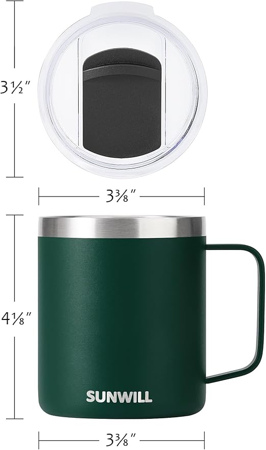 SUNWILL Travel Coffee Mug Set of 2, Insulated Tumbler with Lid, 14 oz Stainless Steel Cup with Handle for Camping, Office, Home, Powder Coated Forest Green & Plum