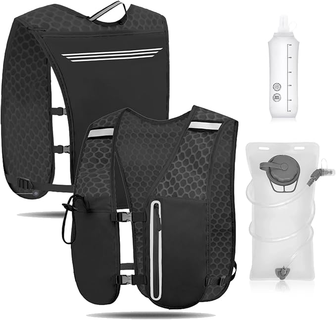 Unisex Hydration Vest Running Backpack - Adjustable Size Lightweight Trail Running Vest with 2L Bladder & 500ml Soft Flask, Mesh, Large Phone Pocket for Night Walking, Marathon(Reflective Strips)