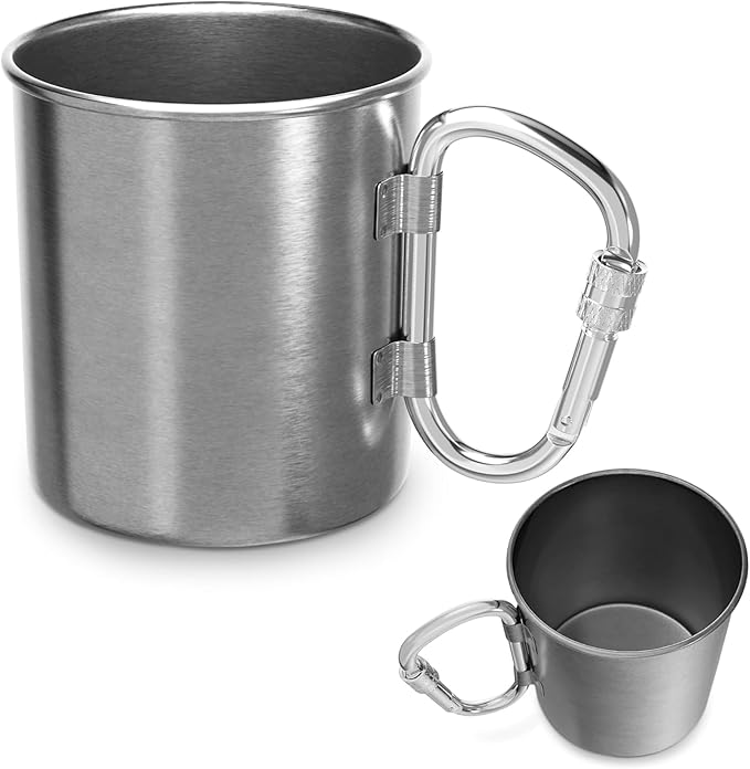 13.5 Oz Stainless Steel Camping Mug with Carabiner - Metal Camping Cup for Traveling, Lightweight and Heat-Resistant, Durable and Easy to Clean Hiking Cup, Comfortable to Hold and Drink
