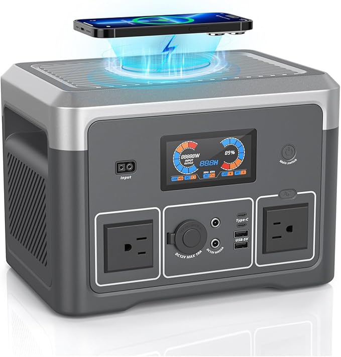 Portable Power Station, 384Wh LiFePO4 Battery Backup, 600W(1800W Peak) Solar Generator with 10 Outlets,UPS Function, Solar Power Station for Home Emergency,Camping,RV, Music Player&LED Lights