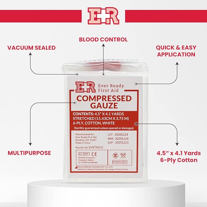 Ever Ready First Aid Compressed Sterile Gauze, 6-Ply Emergency Medical Dressing for First Aid Kits – 4.5” x 4.1 Yards - 2 Pack
