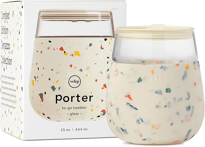 W&P Porter Wine Cocktail Glass w/Protective Silicone Sleeve Terrazzo Cream 15 Ounces On-the-Go Reusable Portable Dishwasher Safe
