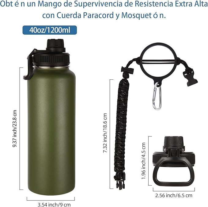 Volhoply Insulated Water Bottles Bulk 8 Pack, 40 oz Stainless Steel Sports Bottle with Paracord Handle Spout Lid, Vacuum Metal Travel Cups with Wide Mouth,Reusable Large Water Cup(Army Green,8 Set)