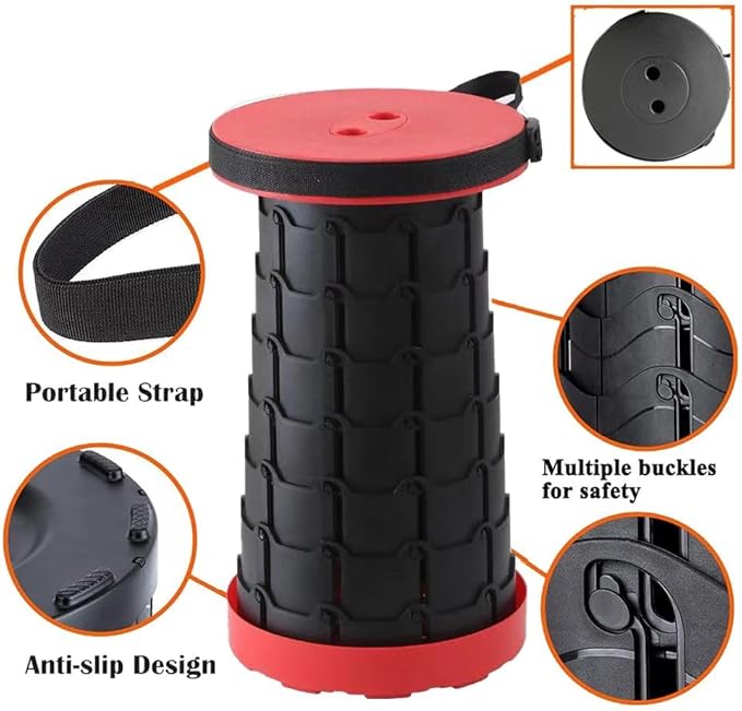 Camping Chairs,Camp Stool,Small Folding Stool,Upgraded Collapsible Stool,Portable Folding Stool,Retractable Seat or Foot Rest,Outdoor Fishing Hiking Gardening Travel BBQ-Max 400lbs (red)