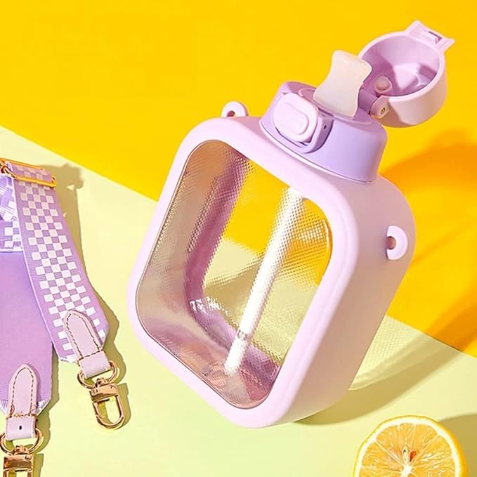 Kawaii Water Bottles with Strap and Straw 24 Oz Square Water Bottle Cute Flat Travel Canteen Leak-proof Water Bottles for Girls Sports School (Purple, L)