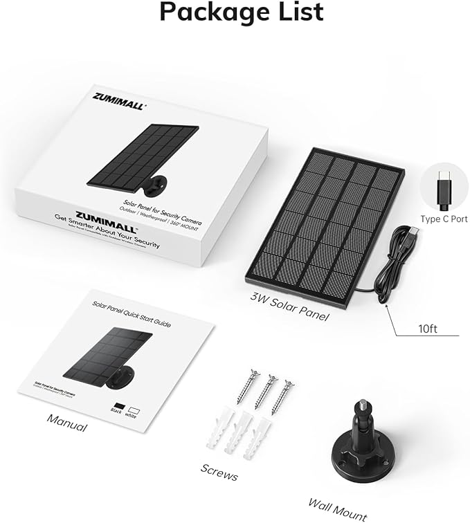 ZUMIMALL 3W Solar Panel for Outdoor Camera Wireless Camera,X2/X1/F5, IP66 Waterproof Solar Panel with 10Ft Type C Charge Cable, Power Supply for Security Camera（Type C Port）
