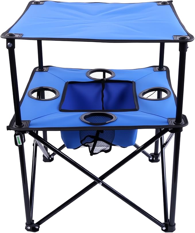 Portable Folding Camping Table with Cup Holders – Lightweight & Compact 2-Tier Outdoor Table with Storage, Ideal for Card Games, Snacks, Picnic, Tailgating & Camping (Blue + Black)