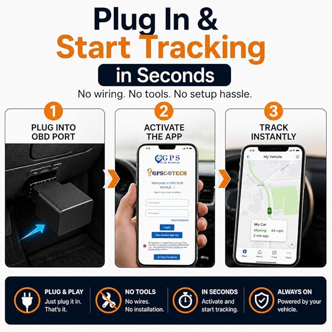 Car GPS Tracker (OBD2 Plug & Play) – 3 Months Free Trial, Real-Time GPS Tracker for Cars, 1-Year History, Speed & Driving Alerts, App Control, Global Coverage - Plans from $2.5/Month