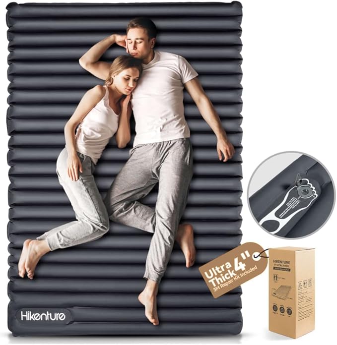 Hikenture Double Sleeping Pad for Camping, 4" Extra-Thick Camping Mattress 2 Person, Inflatable & Ultralight Sleeping Mat for Backpacking, Hiking (Grey Foot Pump, Semi Double(79 * 47.5 in))