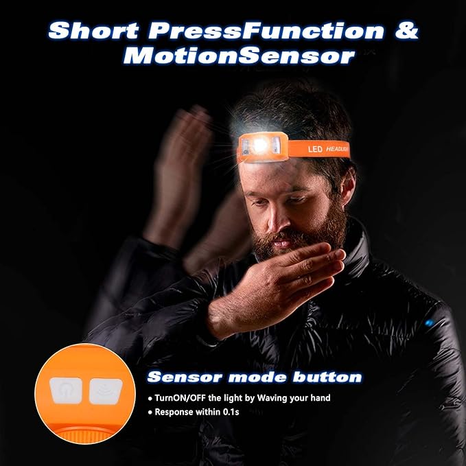 Rechargeable Headlamp Flashlight,Super Bright LED Head Torches,Sensor Control, 6 Light Settings, IPX5 Waterproof & Lightweight, Ideal for Camping, Running & Hiking Outdoor (2, Orange)