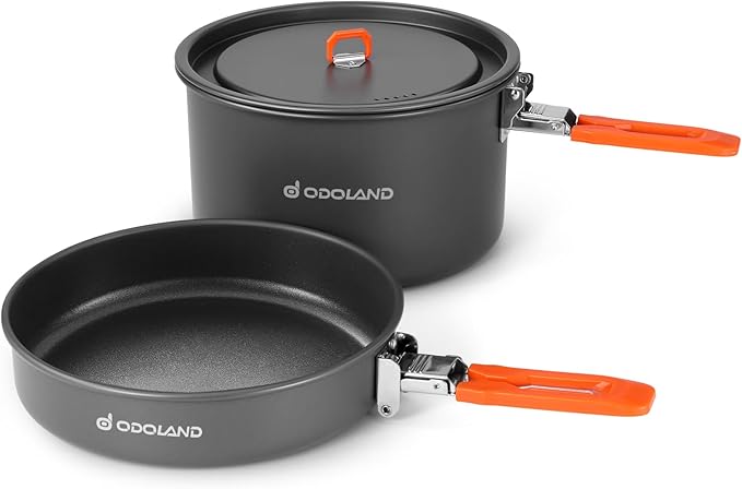 Odoland Camping Cookware Mess Kit, Non-Stick Lightweight Camping Pot and Fry Pan Set with Mesh Bag for Backpacking, Outdoor Cooking and Picnic