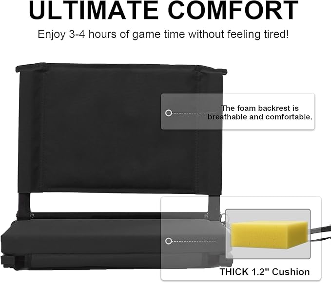 Stadium Seats with Back Support for Bleachers, Folding Bleacher Chairs with Back and Cushion, Padded Seat with Shoulder Strap, Large Mesh Pocket & Carry Handle, Black