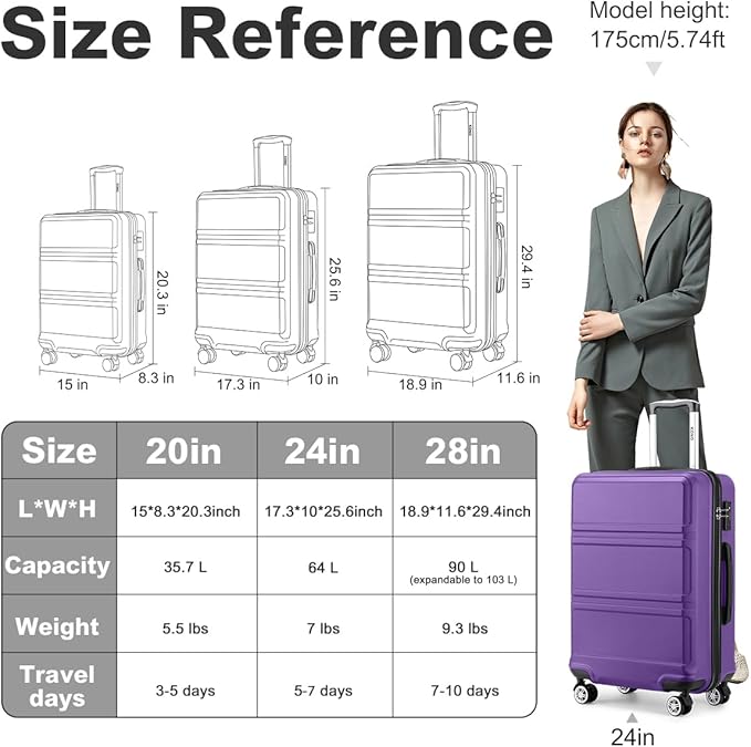 Kono 24 Inch Luggage Suitcase Lightweight with Spinner Wheels TSA Lock Hardside Medium Checked Luggage Durable Rolling Suitcase Purple