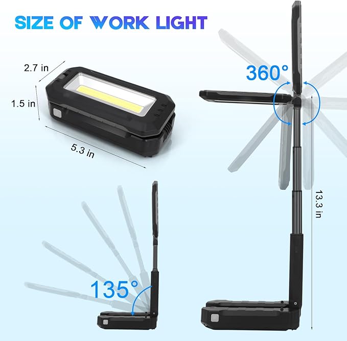 Work Light, Portable LED Work Lights, 7000mAh Rechargeable Camping Lights,1200 Lumens Magnetic Work Light for Job Site,Emergency and Camping (Black)