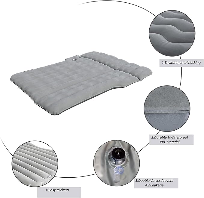SUV Air Mattress with Cup & Phone Holder, Flocked-Top Inflatable Car Mattress with Two Air Pillows & Electric Air Pump, Ideal SUV Mattress for Camping, Travel, and Road Trips (Grey)
