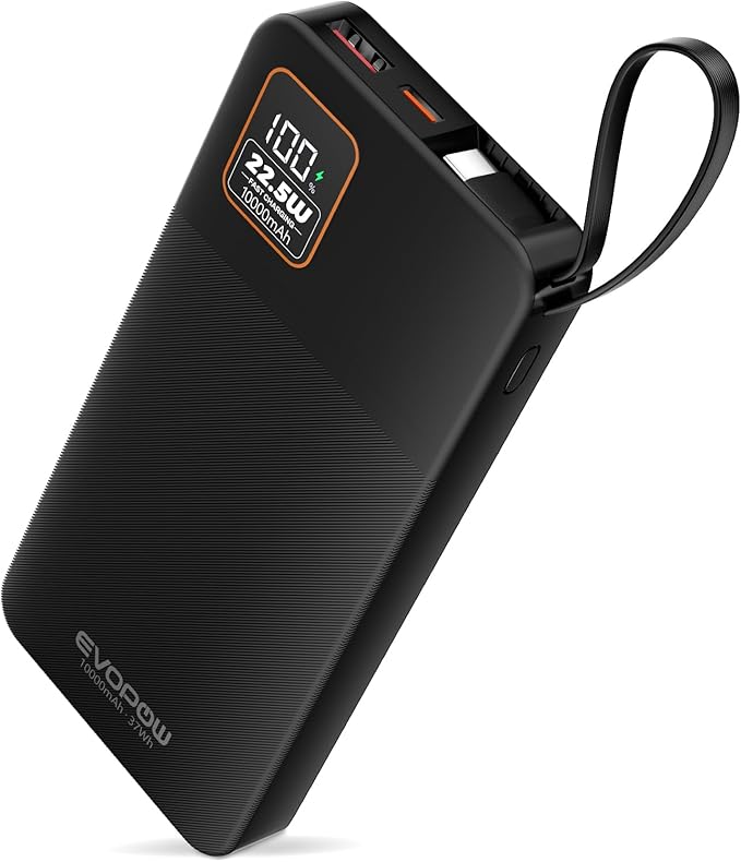 Portable Charger Power Bank, 10000mAh 22.5W Super Fast Charging Powerbank with Built-in USB C In&Out Cable, Slim External Battery Pack for iPhone 16/15/14/13/12/11 iPad Samsung S24 S23 Android (Black)