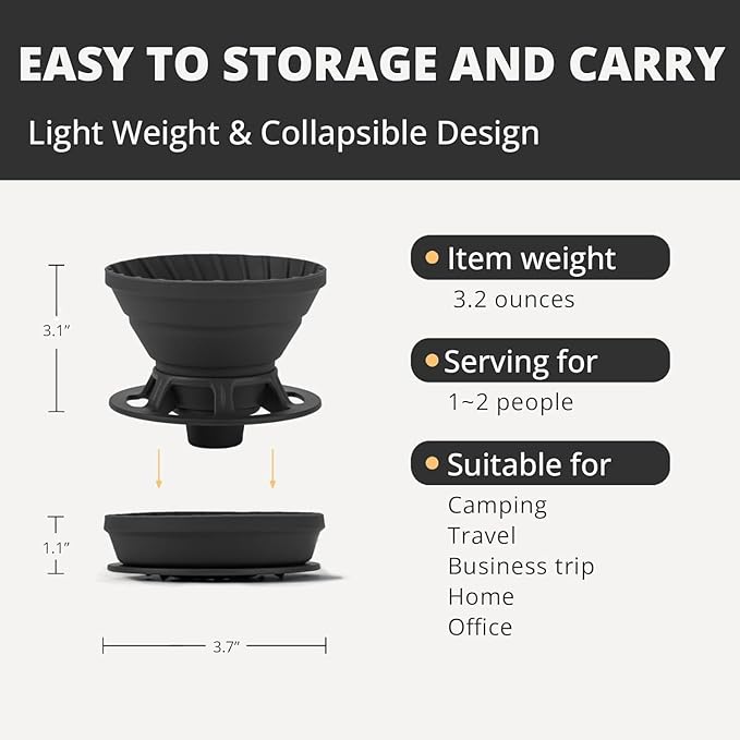 Collapsible Coffee Dripper, Silicone Reusable Coffee Filter Holder, Pour Over Coffee Dripper for Camping, Business Trip, Single Pour Over Coffee Maker (Black)