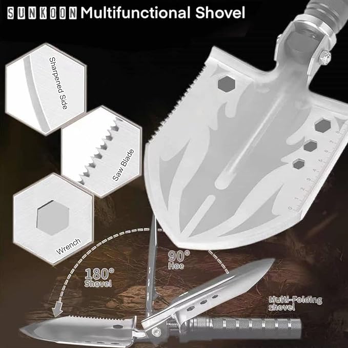 Survival Shovel Survival Axe, Camping Folding Shovels Hatchet with 19.2-37.8inch Lengthened Handle Enlarged Shovelhead High Carbon Steel with Storage Pouch for Camping Cycling Hiking