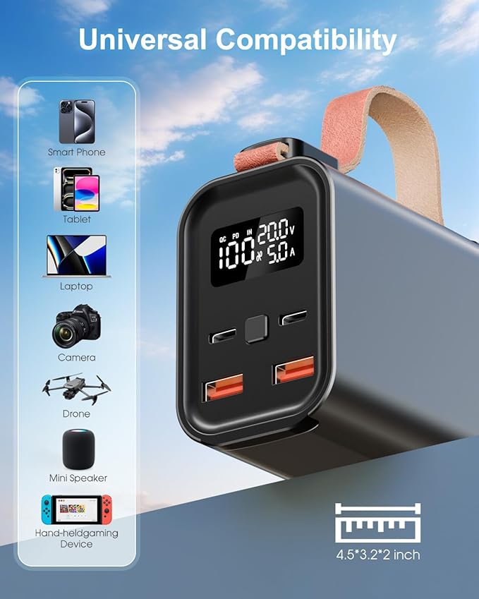 140W Laptop Portable Charger Power Bank 50000mAh(185Wh), Power Station PD 3.1 QC4.0 Fast Charging External Battery Pack Aluminium alloy with 4 Outputs USB-C LED Light for Outdoor Emergency-Gray