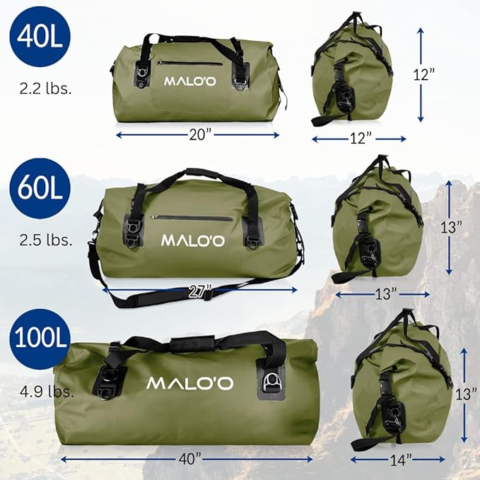Malo’o Waterproof Dry Duffel, Heavy-Duty Roll Top Waterproof Gear Bag with Shoulder Strap & Molle Loops, Marine Duffel for Kayaking, Boating, Camping, Beach & Travel, Dark Green, 40L