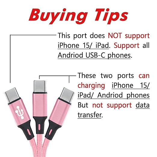 Multi USB C Cable 4FT 2Pack, 3 in 1 Multiple Type C Charging,3A Splitter USB-C Charger, PinkNylon Cord,USB C to 3 USB C Port, Compatible with iPhone 15,iPad Pro,Samsung S23,Google,Android,Kindle fire