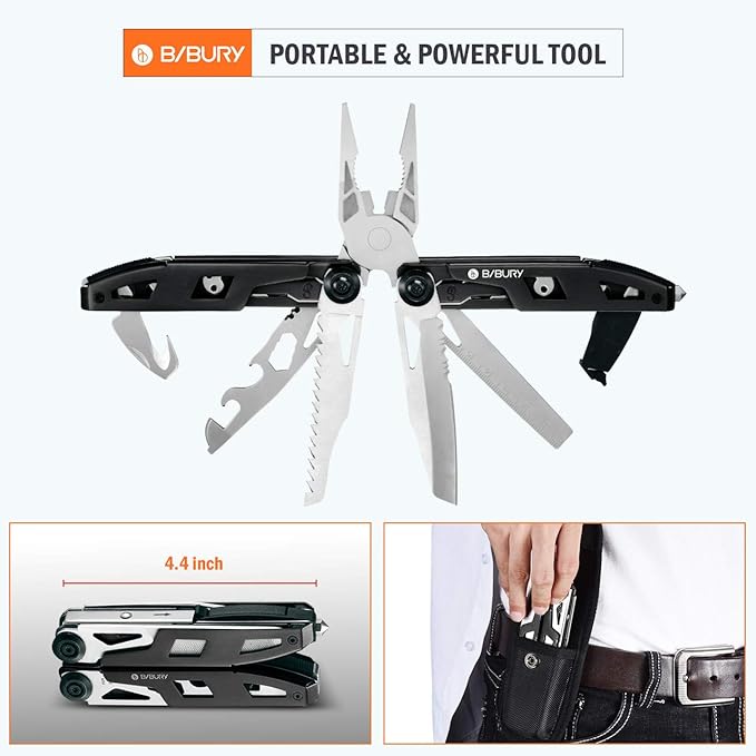 BIBURY Multitool Pliers, 18-in-1 Multi Tool with Safety Hammer, Safety Locking Design Stainless Steel Multifunction Pocket Knife for Outdoor, Survival, Camping, Hiking, Home Repair - Black