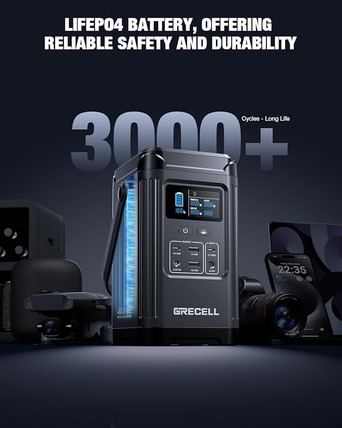 240W Portable Power Station 153.6WH Solar Generator, GRECELL LiFePO4 Battery Dual Way 100W PD, Portable Power Bank with Integrated Stand for Outdoors, Camping, Travel (No Wall Charger Included)