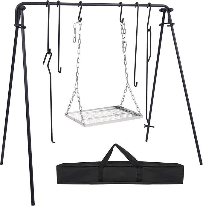 REDCAMP Swing Campfire Grill Stand - Collapsible Campfire Cooking Rack with 6 Hooks & Stainless Steel Grill Grate, Portable Dutch Oven Hanger for Outdoor Camping, Cookware, Bonfire, Rectangle ﻿