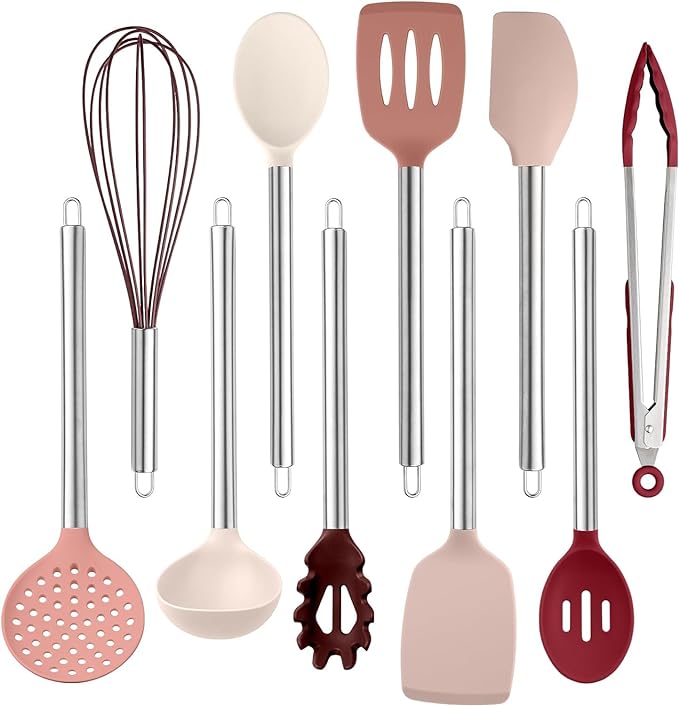 COOK WITH COLOR Silicone Cooking Utensils, Kitchen Utensil Set, Easy to Clean Silicone Kitchen Utensils, Cooking Utensils for Nonstick Cookware, Kitchen Gadgets Set, 10 Pieces, Rose