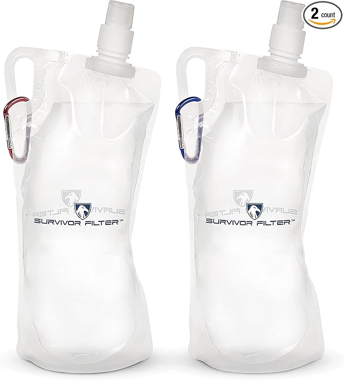 Survivor Filter Collapsible Water Bottles, Canteens (32oz) 2 Pack (2L Total) - Durable Carabiners and Handles. Squeeze Water through a Filter or Use as Water Bottles