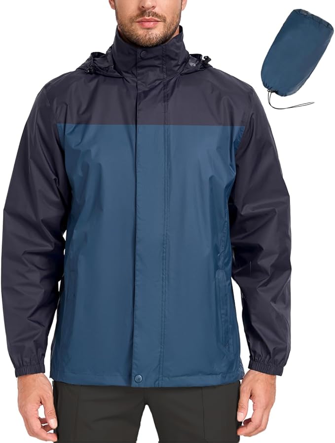 MANSDOUR Men's Packable Rain Jacket Waterproof Lightweight Windbreaker Cycling Golf Hiking Reflective Raincoat with Hood
