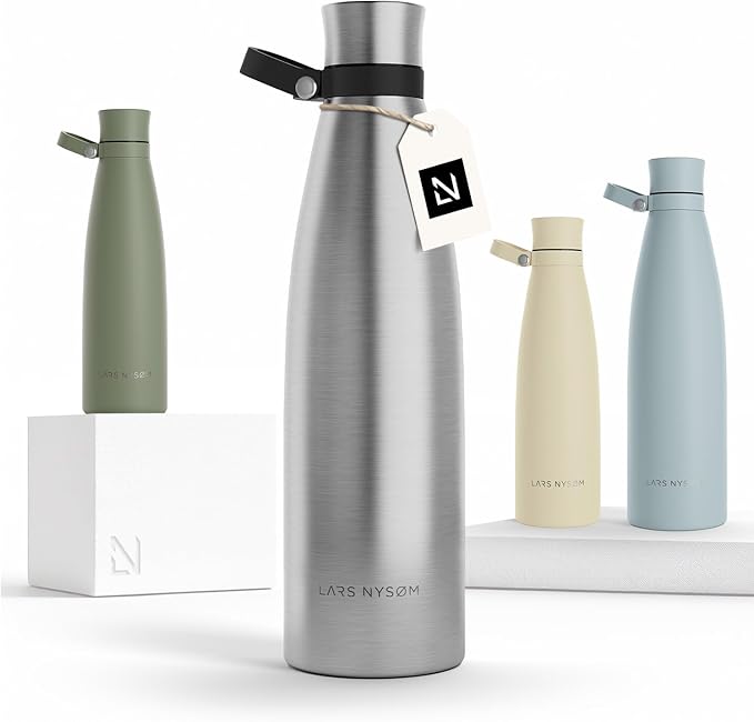 LARS NYSØM Stainless Steel Insulated Water Bottle 25oz 34oz | Insulated Thermo Flask for Hot and Cold Beverages | Leakproof Drinking Bottle (Stainless Steel, 33.9oz)