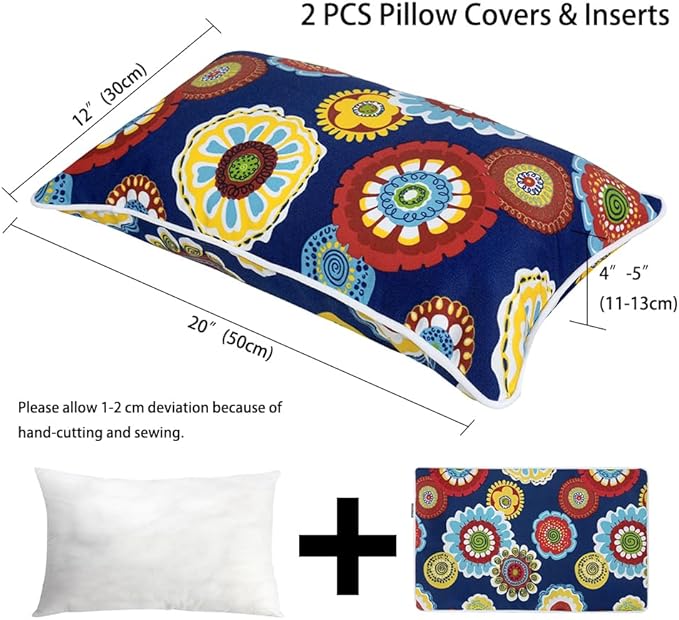 Magpie Fabrics Pack of 2 Outdoor Waterproof Lumbar Rectangular Throw Pillow with Insert 12x20 Inch, Home Decorative Toss Cushion for Patio Garden Car Office (Floral Navy)