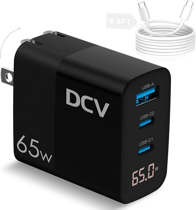 DCV 65W USB C Charger with 6.6ft C to C Cable, GaN 3-Port Fast Charging Block with LED Digital Display, PD/PPS/QC 3.0 Foldable Wall Charger for Laptops, MacBook, iPhone 15, Galaxy S23/S22, Note 20/10
